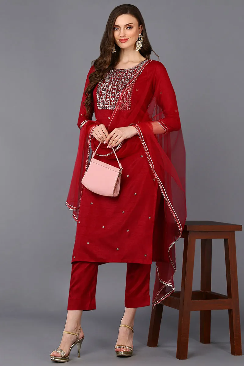 Maroon Silk Blend Rogan Work Straight Suit Set