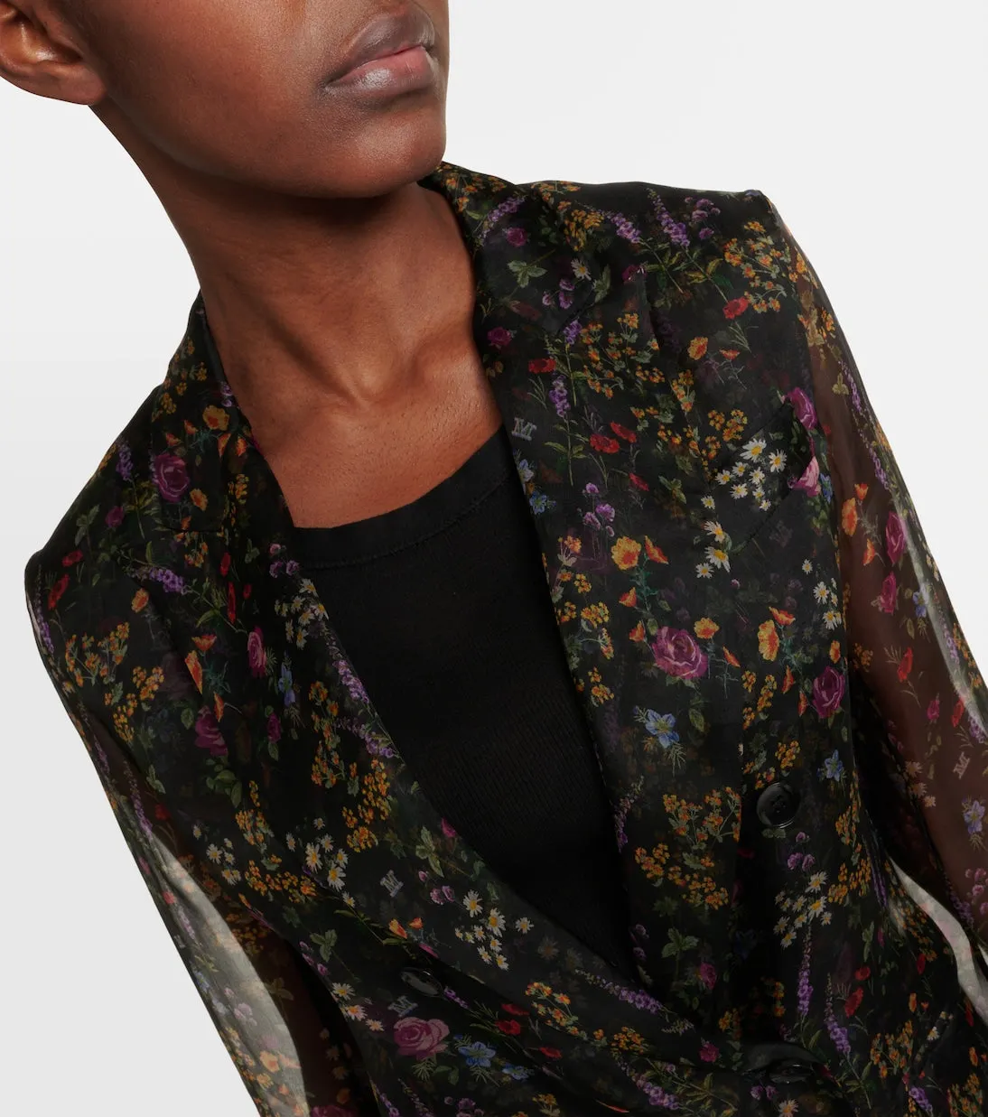 Max Mara Floral Silk Organza Blouse Jabot Multicolor