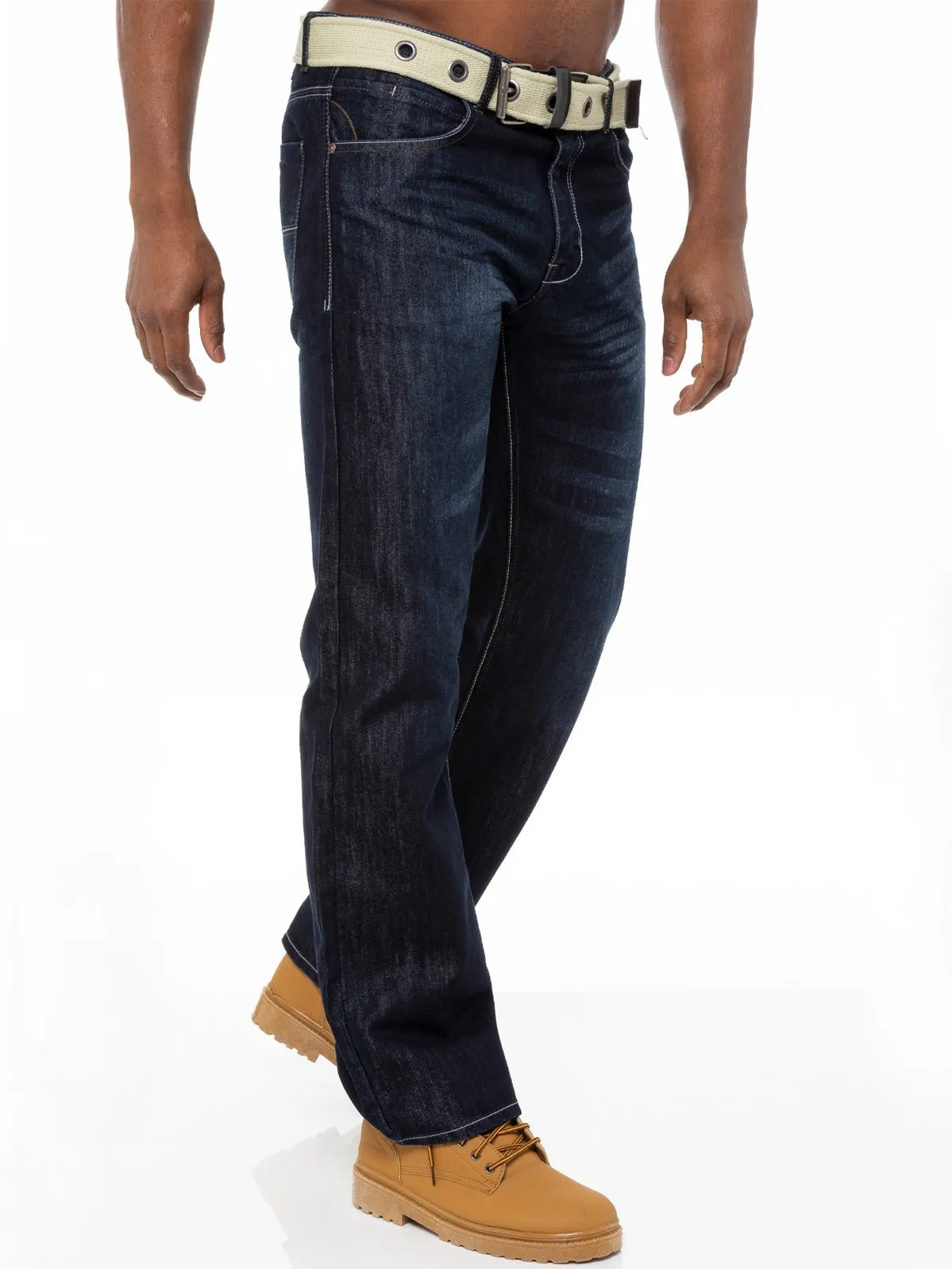 Mens Dark Blue Jeans with Belt EZ14 | Enzo Designer Menswear