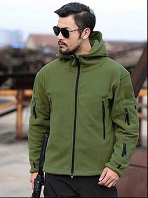 Men's Outdoor Warm Liner Fleece Jacket Cold-Proof Jacket Wind Hood Solid Color Hooded Jacket