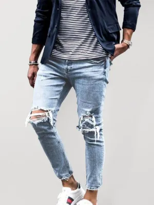 Men's solid casual ripped pencil jeans