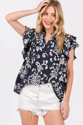 Navy Floral Ruffled V-Neck Blouse