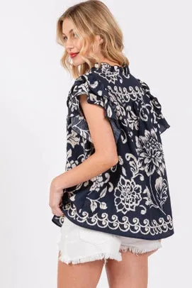 Navy Floral Ruffled V-Neck Blouse