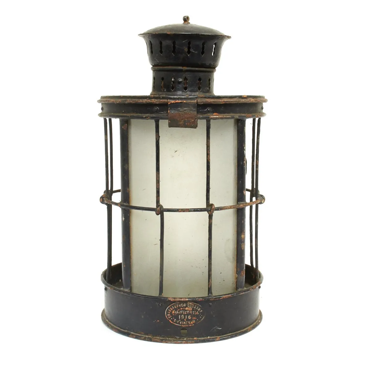 Original British WWI Glazed Glass Bottom Trench Lantern by Christopher Collins - Dated 1916