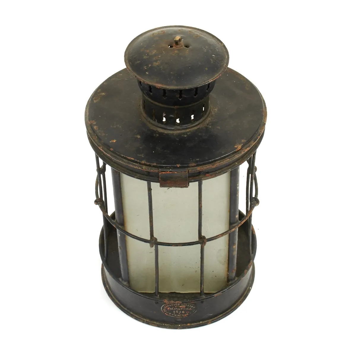 Original British WWI Glazed Glass Bottom Trench Lantern by Christopher Collins - Dated 1916