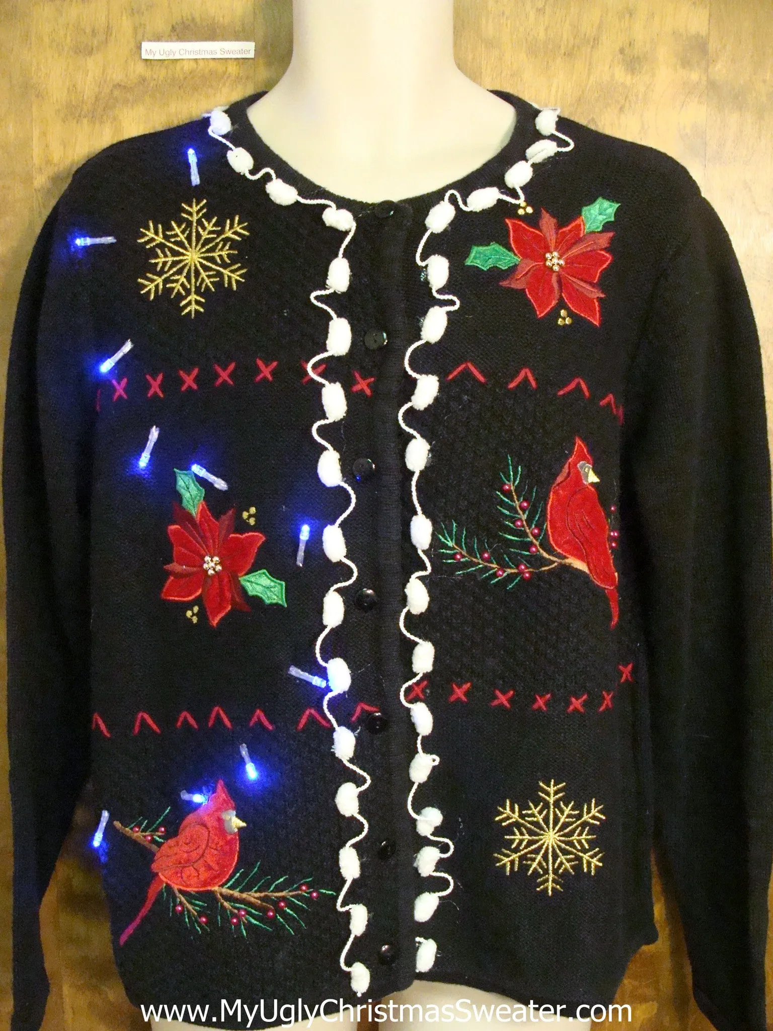 Poinsettias and Red Cardinal Christmas Sweater with Lights