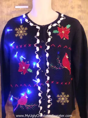 Poinsettias and Red Cardinal Christmas Sweater with Lights