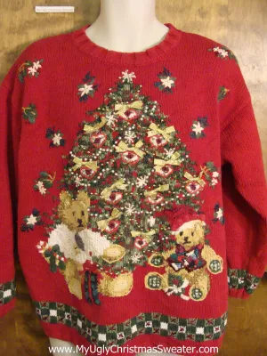 Red 80s Tree with Bears Ugliest Christmas Sweater