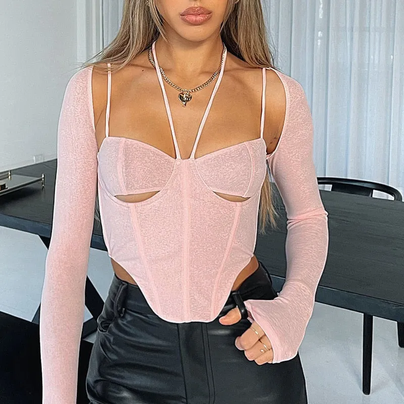 Sexy Top Women Corset Top Long Sleeve T-Shirt New Year Cut Out Tee Shirt Slim Solid Pink Crop Top Club Streetwear Women Pulovers