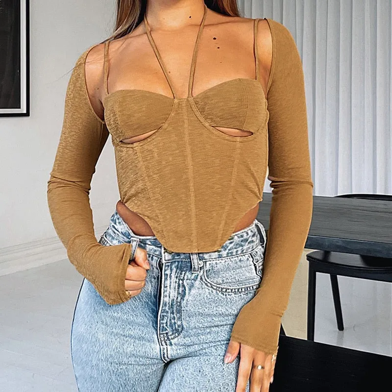 Sexy Top Women Corset Top Long Sleeve T-Shirt New Year Cut Out Tee Shirt Slim Solid Pink Crop Top Club Streetwear Women Pulovers