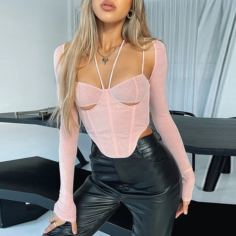 Sexy Top Women Corset Top Long Sleeve T-Shirt New Year Cut Out Tee Shirt Slim Solid Pink Crop Top Club Streetwear Women Pulovers