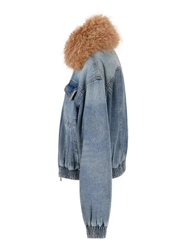 Wenkouban-Winter outfits Christmas Black Friday Fur Collar Double Zipper Thick Short Denim Coat