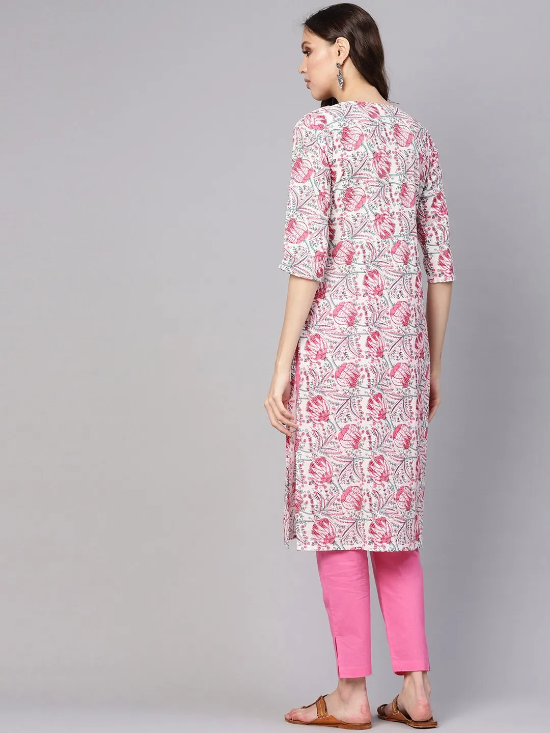 Women White & Pink Printed Kurta With Trousers