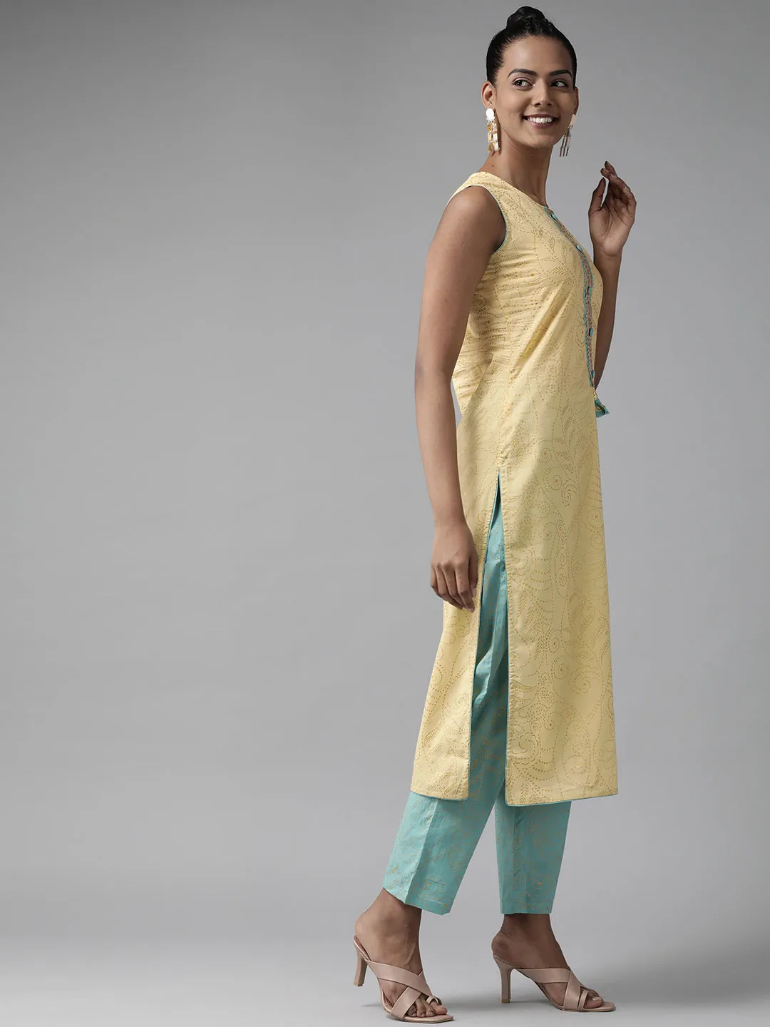 Women Yellow Gotta Patti Pure Cotton Kurta With Trousers With Dupatta