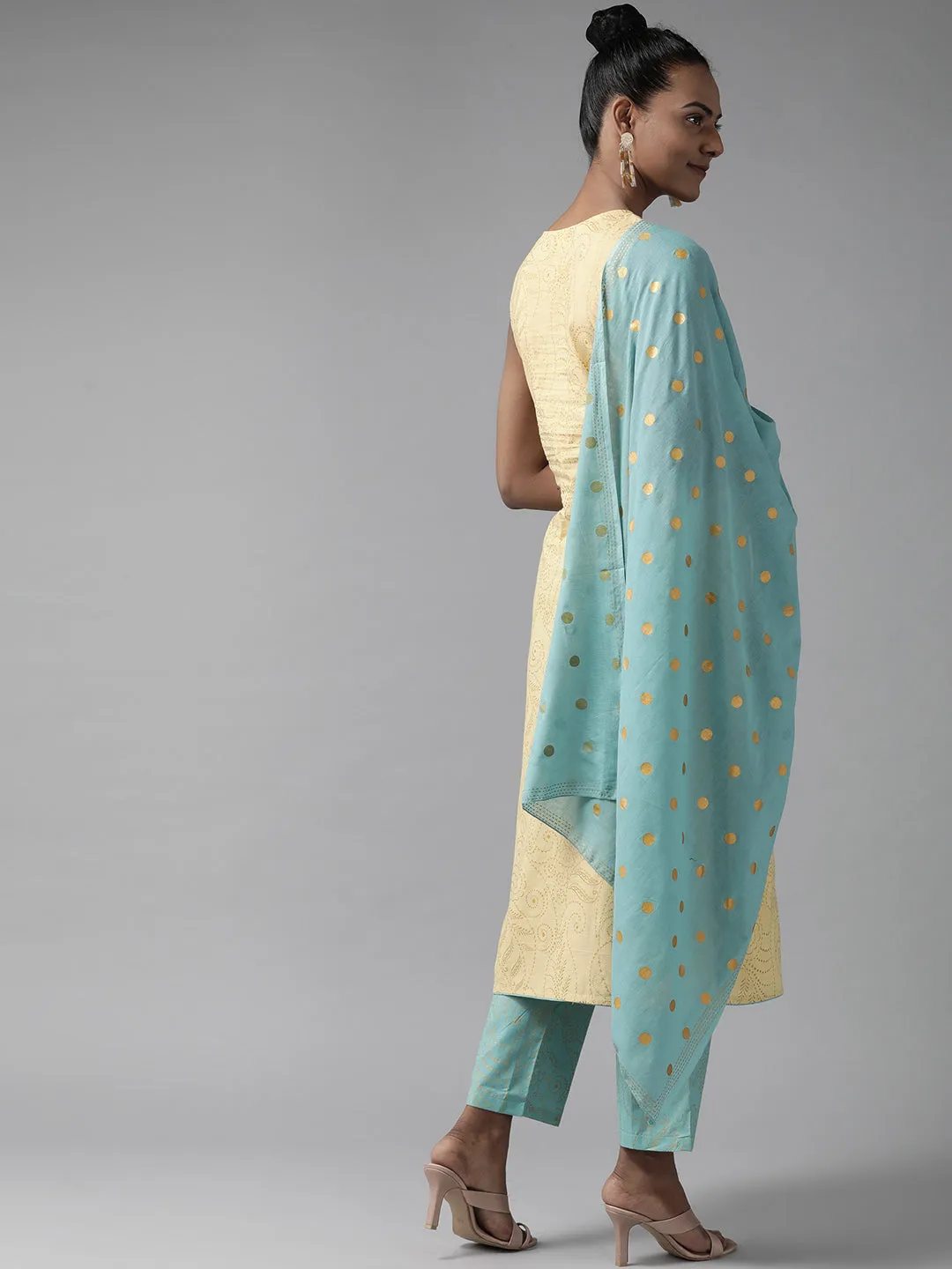 Women Yellow Gotta Patti Pure Cotton Kurta With Trousers With Dupatta