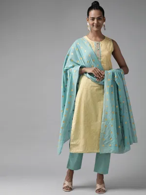 Women Yellow Gotta Patti Pure Cotton Kurta With Trousers With Dupatta