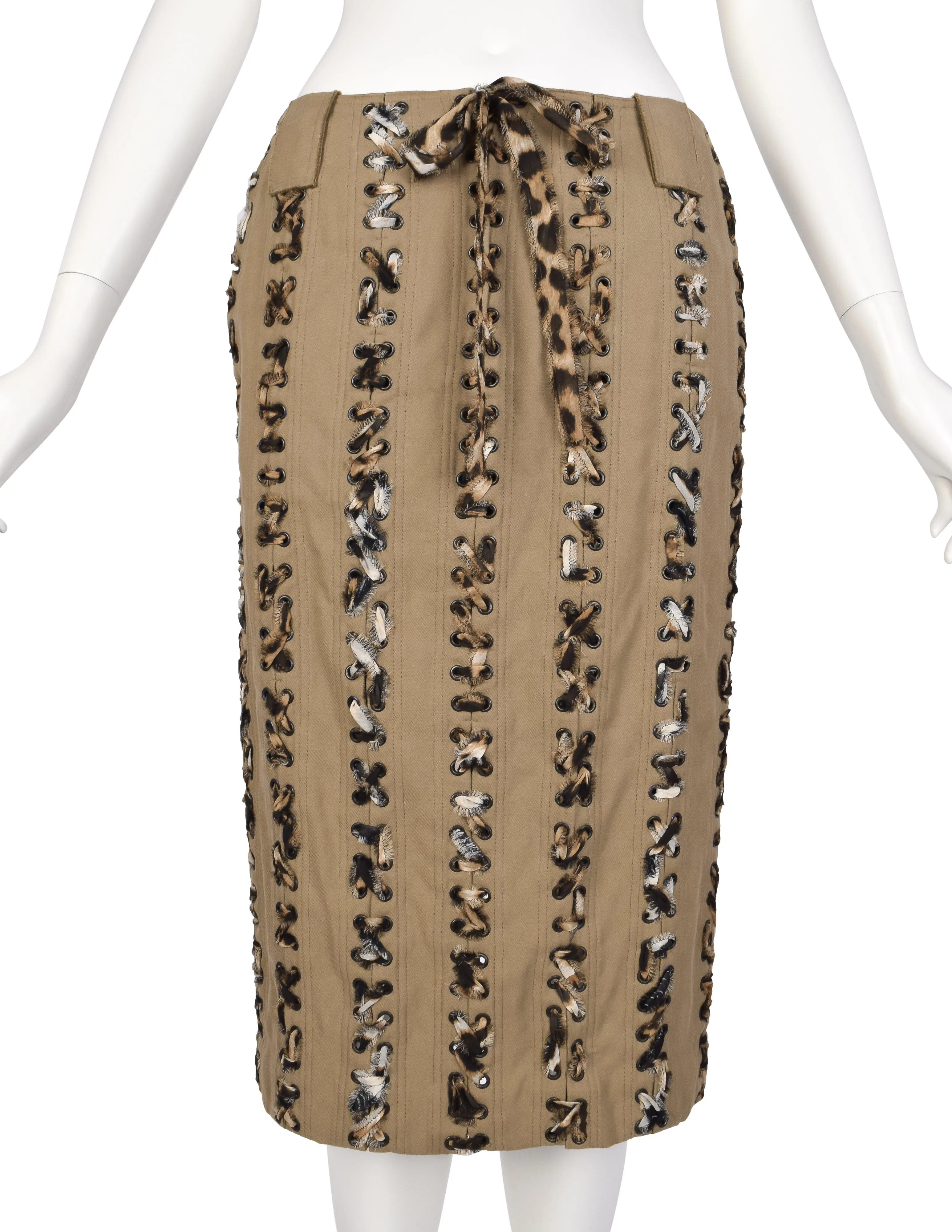 Yves Saint Laurent Vintage SS 2002 by Tom Ford Tan Denim Animal Print Silk Lace Up Skirt