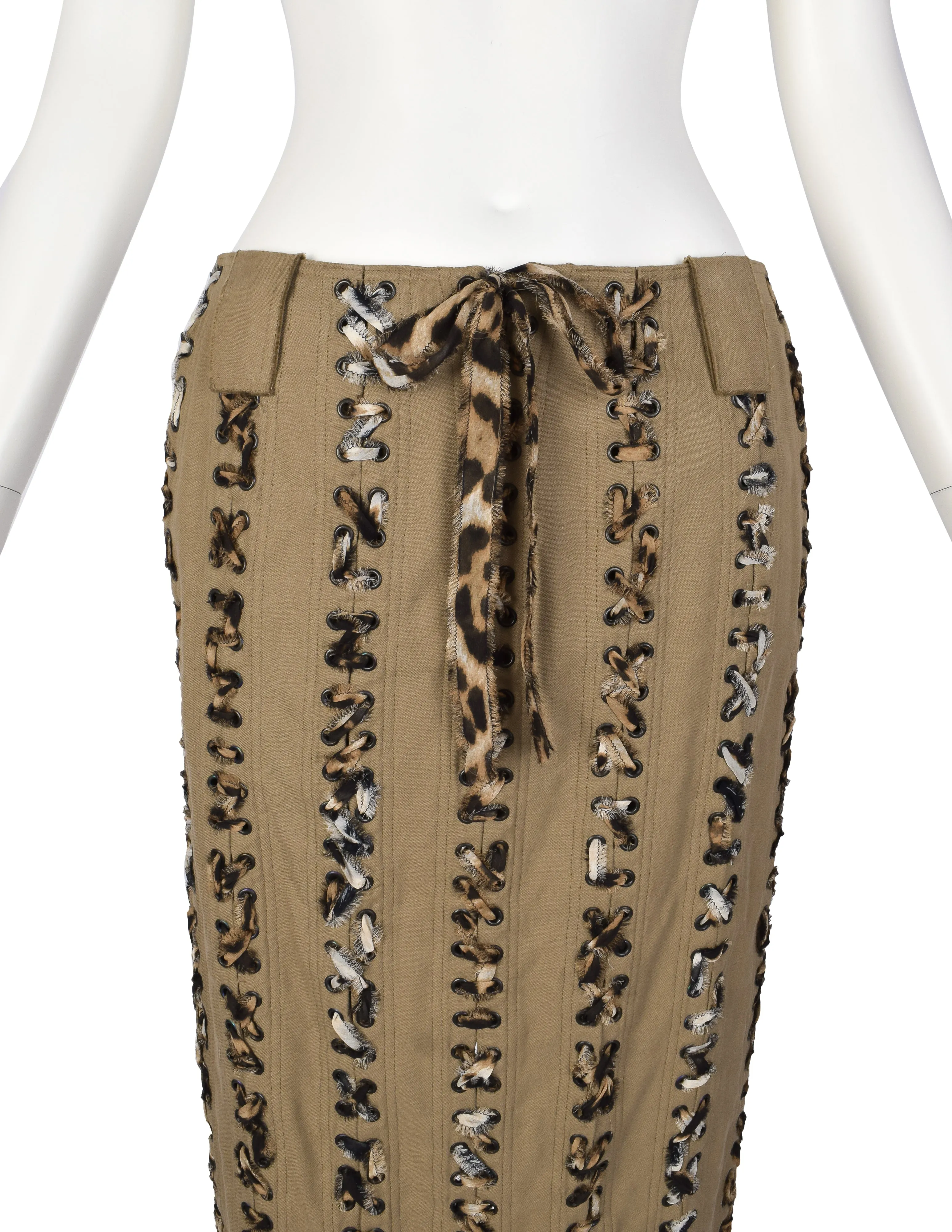 Yves Saint Laurent Vintage SS 2002 by Tom Ford Tan Denim Animal Print Silk Lace Up Skirt