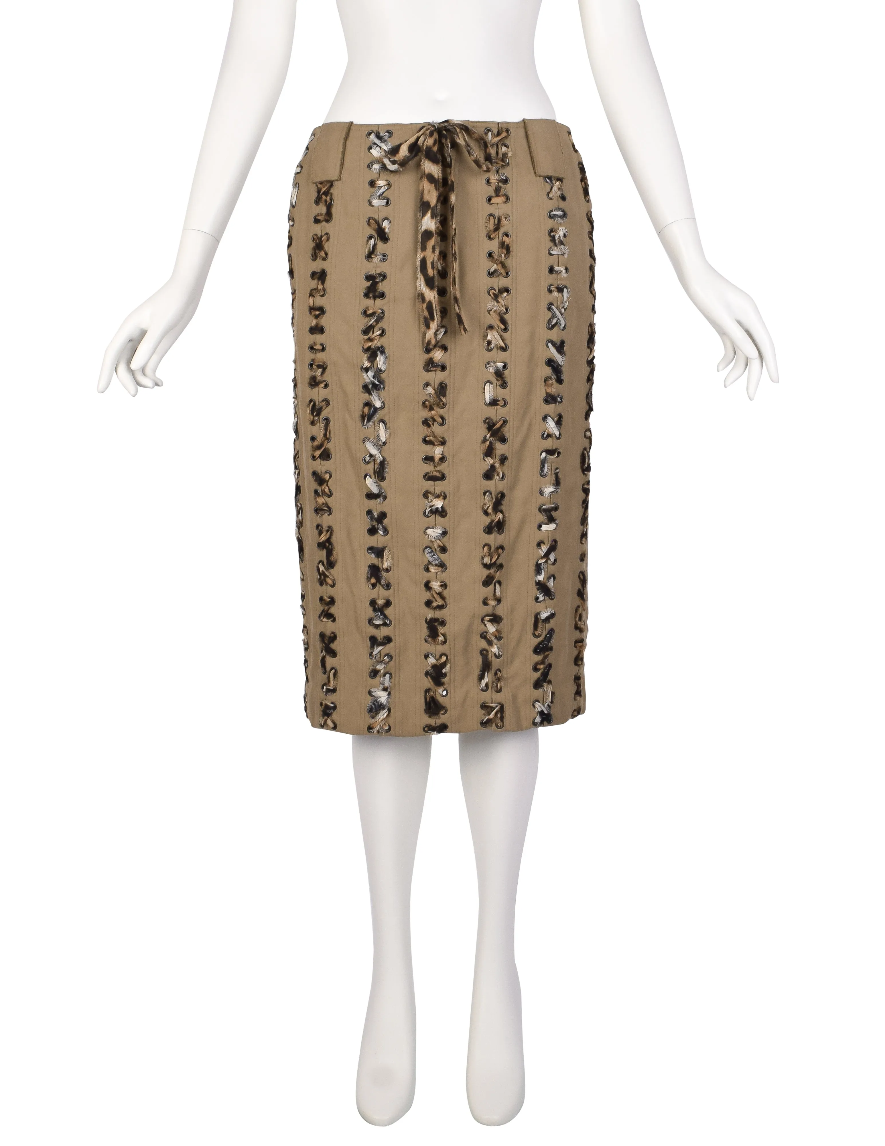 Yves Saint Laurent Vintage SS 2002 by Tom Ford Tan Denim Animal Print Silk Lace Up Skirt